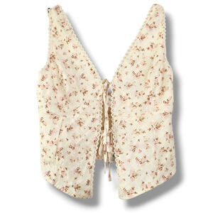 NWT vest Top coquette Cottagecore milkmaid ditsy floral size L Pink Rose cream